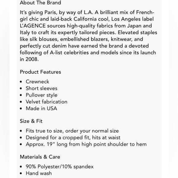 L’agence Donna Black Velvet Crop Top Excellent Size L - Picture 8 of 9